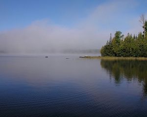 Превью обои туман, река, берег, деревья, рябь