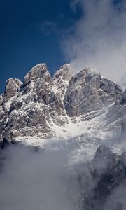 Превью обои туман, скалы, гора, снежный, снег