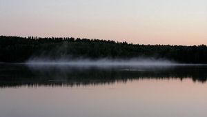 Превью обои туман, водная поверхность, деревья, берег, вечер, очертания