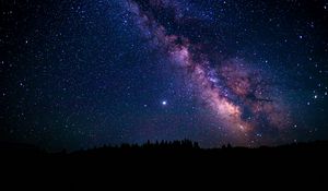Превью обои туманность, ночь, звездное небо, деревья, звезды