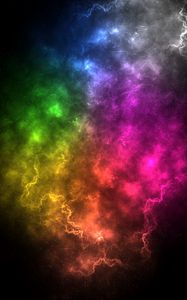 Превью обои туманность, разноцветный, энергия, космический, вспышки, молнии