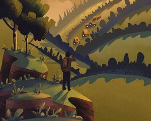Превью обои турист, горы, природа, пейзаж, арт
