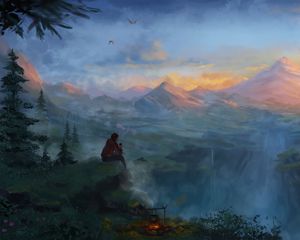 Превью обои турист, путешественник, горы, кемпинг, арт