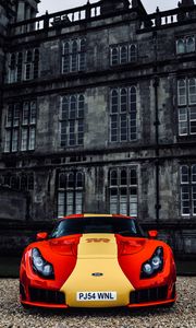 Превью обои tvr sagaris, машина, спорткар, красный, желтый, вид спереди