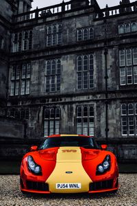 Превью обои tvr sagaris, машина, спорткар, красный, желтый, вид спереди