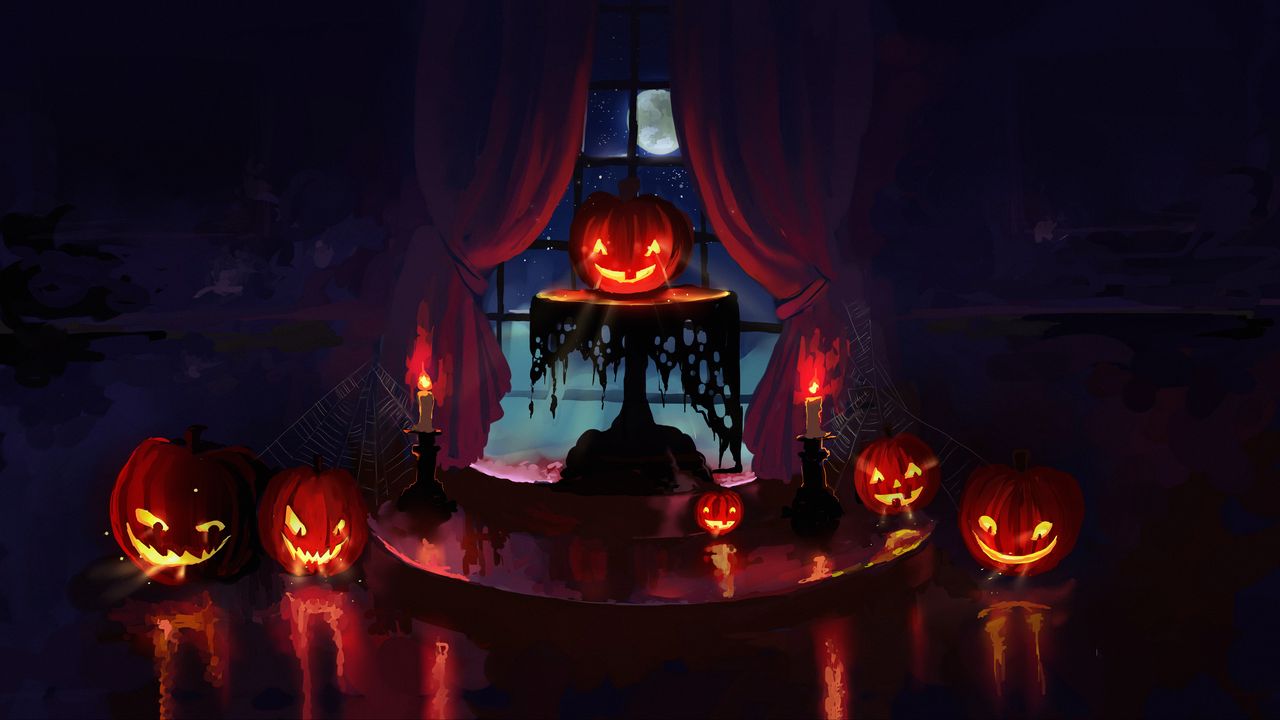 Обои тыква, хэллоуин, арт, свечи, ночь