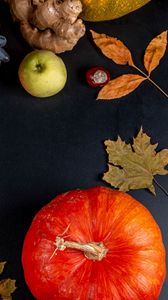 Превью обои тыква, яблоко, осень, листья