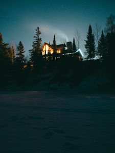 Превью обои убежище, ночь, звездное небо, лес