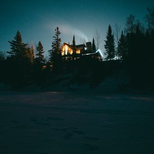 Превью обои убежище, ночь, звездное небо, лес