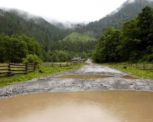 Превью обои украина, карпаты, дорога, проселочная, дождь, лужи, горы, ухабы, домик