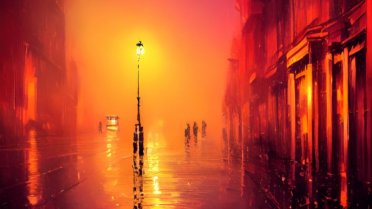 Обои улица, фонарь, свет, дождь, здания, арт