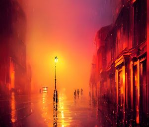 Превью обои улица, фонарь, свет, дождь, здания, арт