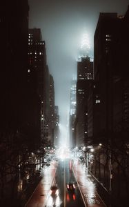Превью обои улица, город, ночь, туман, вид сверху