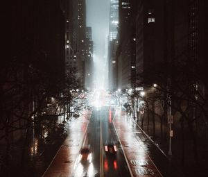 Превью обои улица, город, ночь, туман, вид сверху