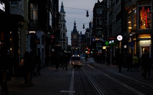 Превью обои улица, город, сумерки, вечер, движение, амстердам, нидерланды