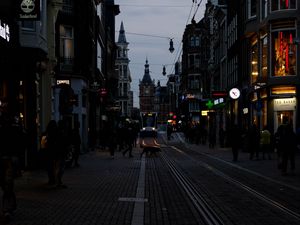 Превью обои улица, город, сумерки, вечер, движение, амстердам, нидерланды