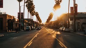 Превью обои улица, город, закат, пальмы, машины