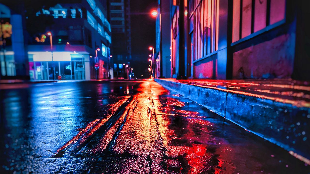 Обои улица, ночь, мокрый, неон, город