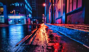 Превью обои улица, ночь, мокрый, неон, город