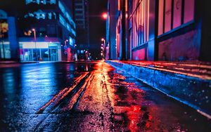 Превью обои улица, ночь, мокрый, неон, город
