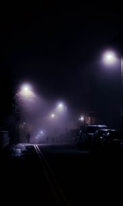 Превью обои улица, ночь, силуэты, фонари, туман