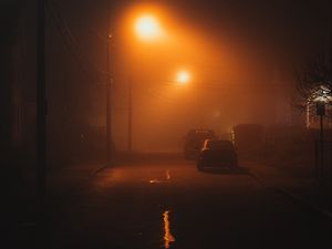 Превью обои улица, ночь, туман, свет, мрак