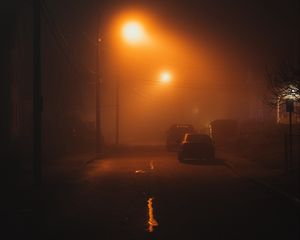 Превью обои улица, ночь, туман, свет, мрак