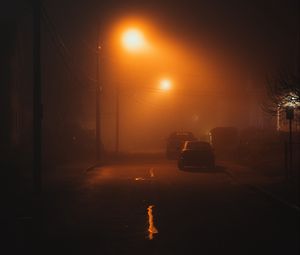 Превью обои улица, ночь, туман, свет, мрак