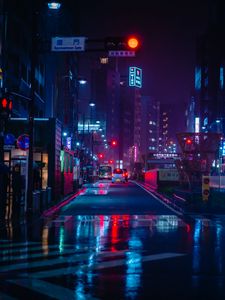 Превью обои улица, ночной город, неон, дорога, машины