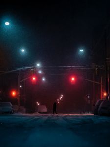 Превью обои улица, силуэт, темный, ночь, снег