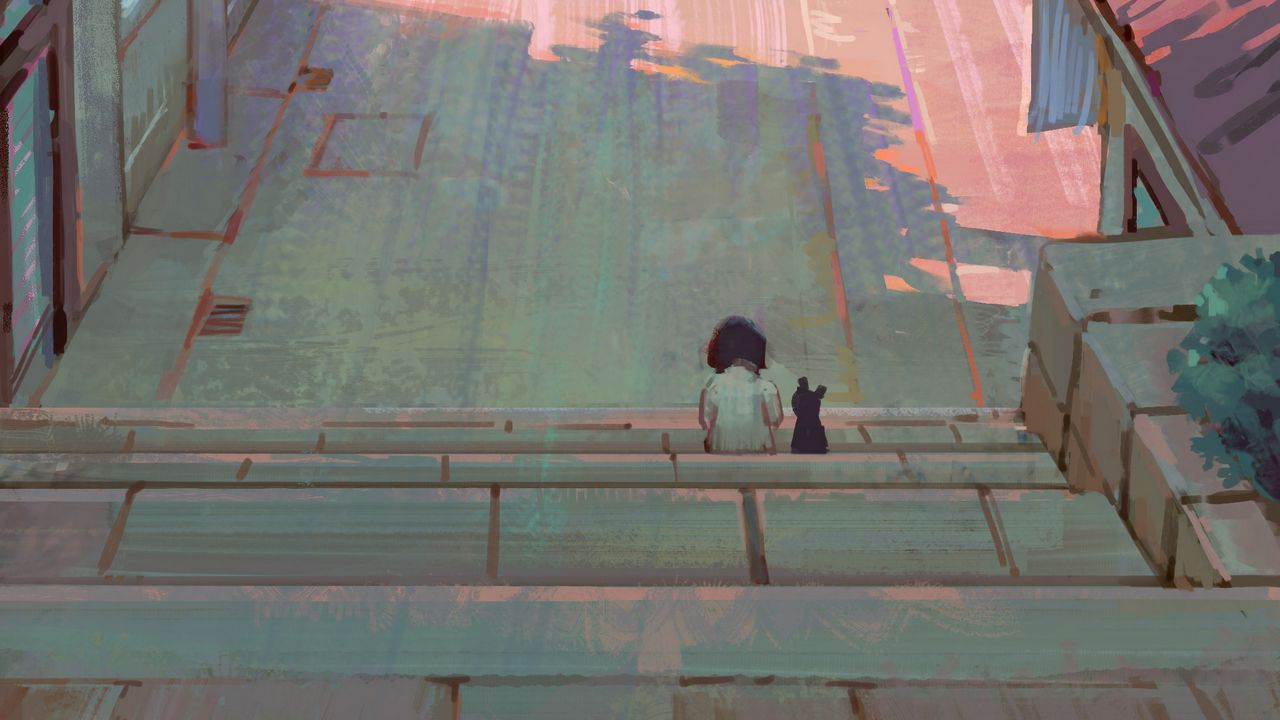 Обои улица, ступеньки, силуэт, здания, арт