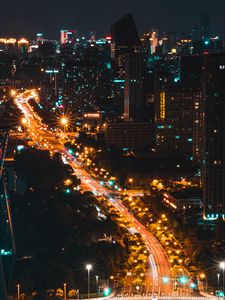 Превью обои улица, вид сверху, город, ночь, дорога, огни