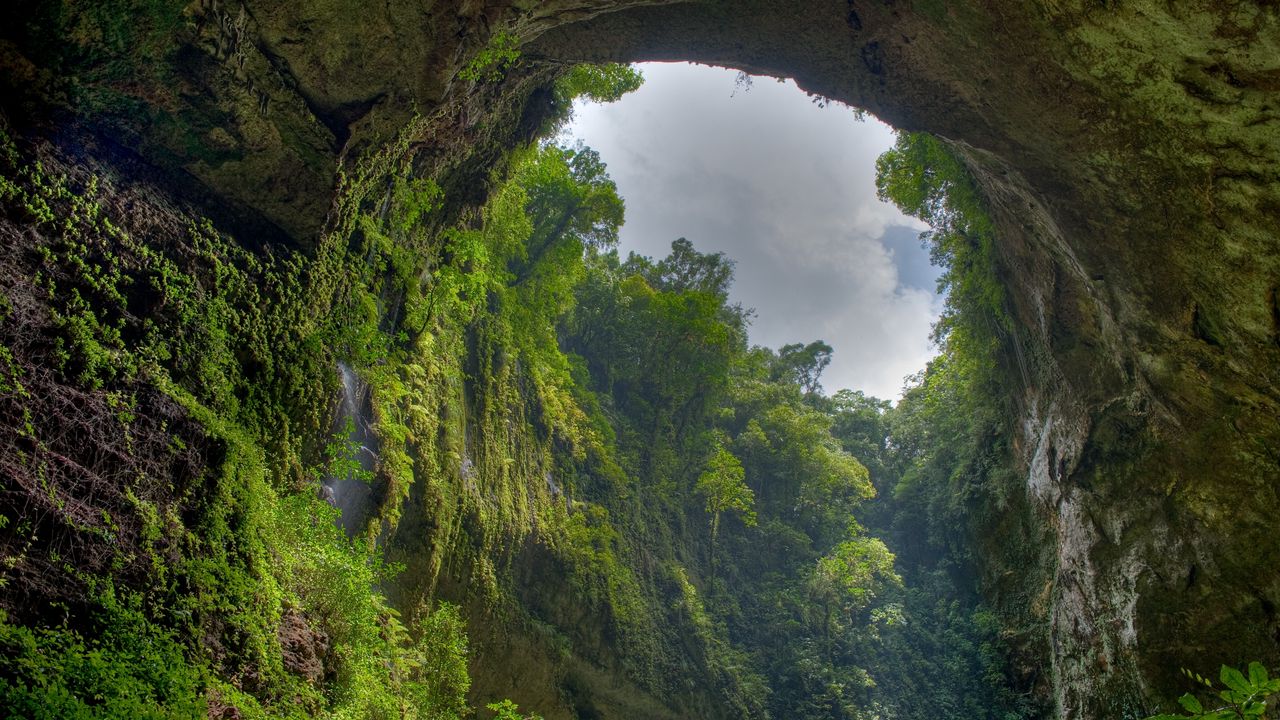 Обои ущелье, арка, скала, растительность, зеленый, небо, облака, снизу