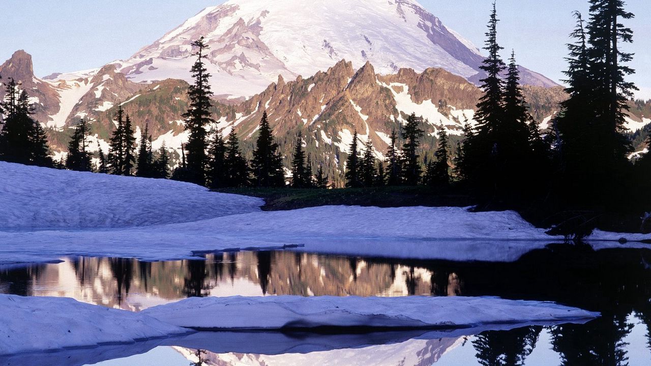 Обои вашингтон, озеро, снег, тень, деревья, горы, вершина