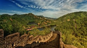 Превью обои великая китайская стена, озеро, горы, пейзаж, китай