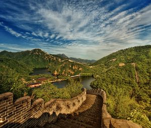 Превью обои великая китайская стена, озеро, горы, пейзаж, китай