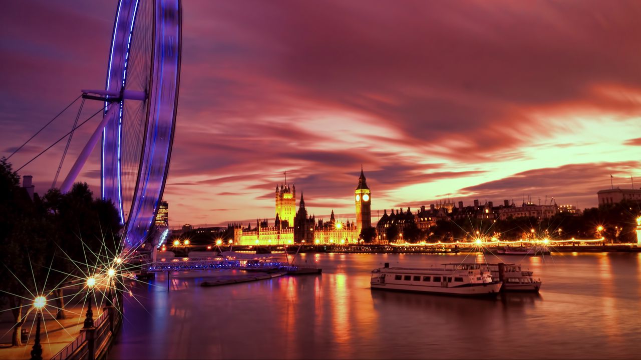 Обои великобритания, англия, лондон, столица, колесо обозрения, вечер, архитектура, огни, подсветка, набережная, река, темза
