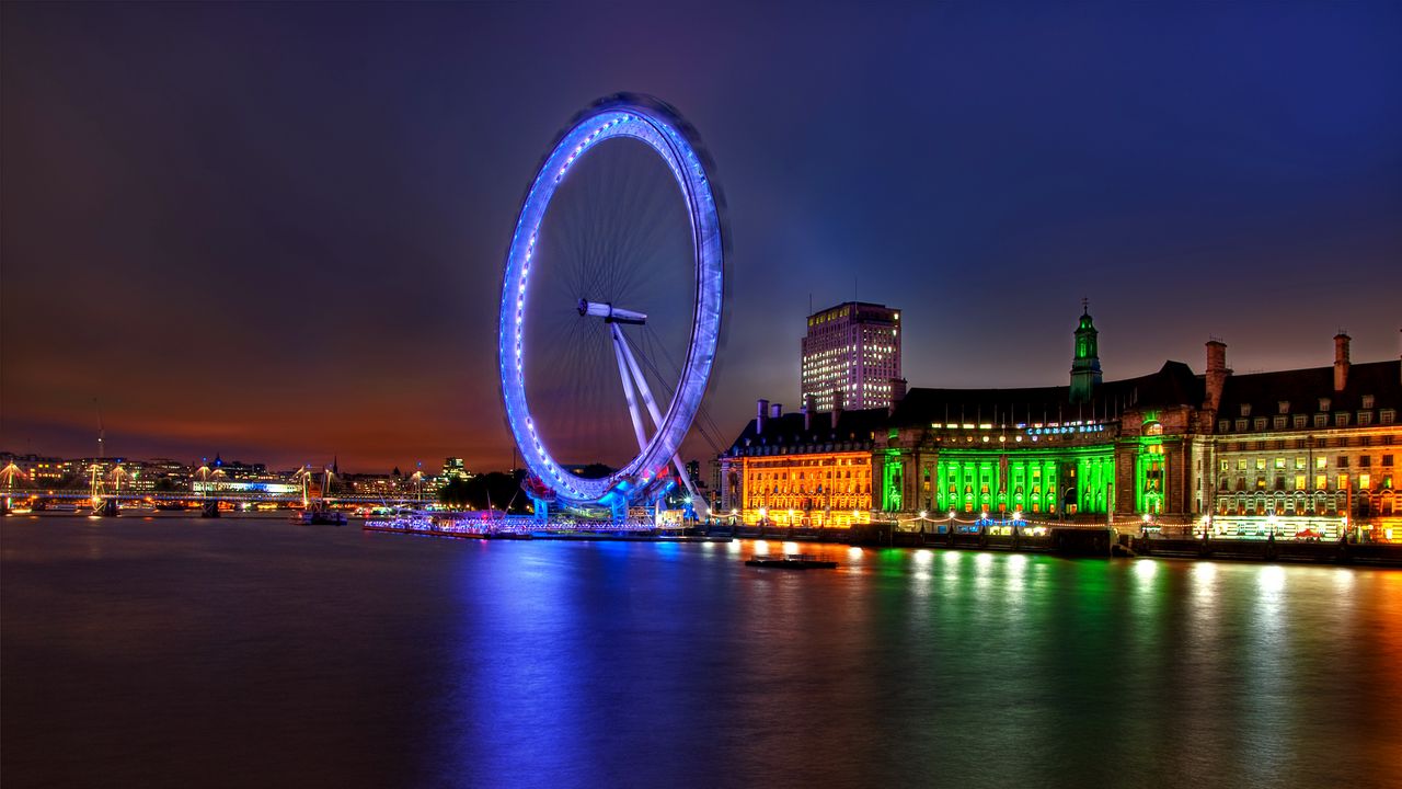 Обои великобритания, англия, лондон, столица, колесо обозрения, вечер, здания, архитектура, огни, подсветка, река, темза