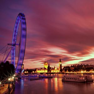 Превью обои великобритания, англия, лондон, столица, колесо обозрения, вечер, архитектура, огни, подсветка, набережная, река, темза