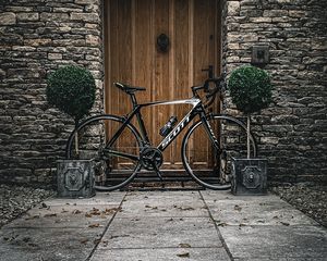 Превью обои велосипед, дверь, растения, стена, каменный