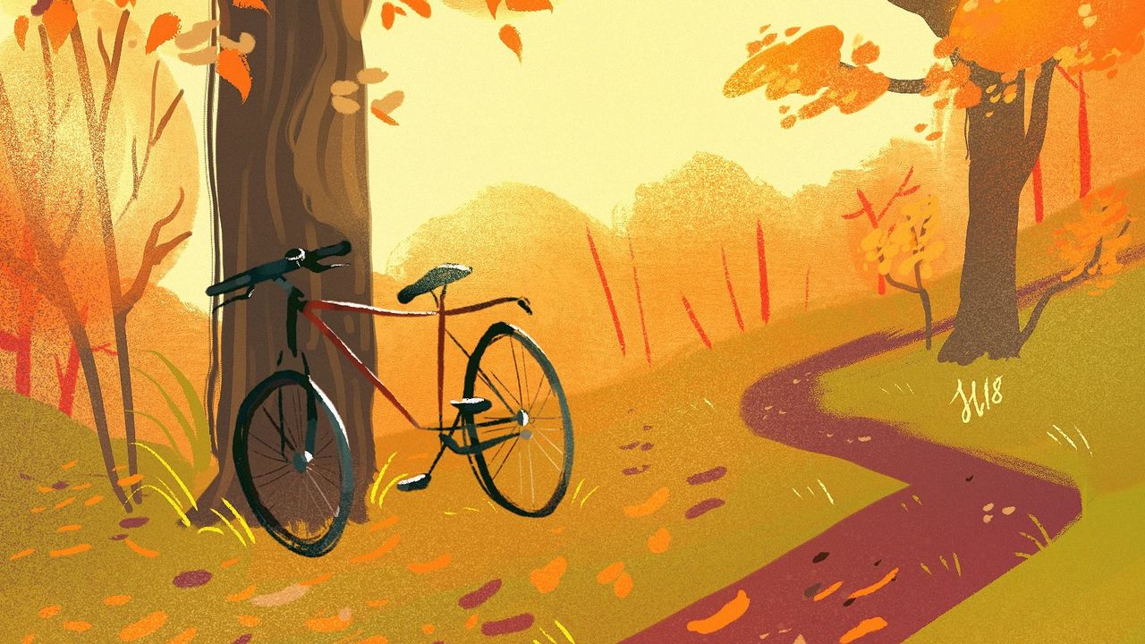 Обои велосипед, лес, тропинка, осень, арт