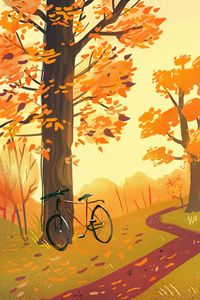 Превью обои велосипед, лес, тропинка, осень, арт