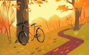 Превью обои велосипед, лес, тропинка, осень, арт