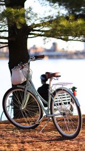 Превью обои велосипед, осень, деревья, листва, река