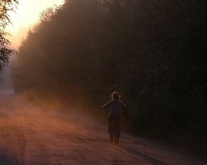 Превью обои велосипед, ребенок, девочка, катание, дорога, лес, солнечный свет