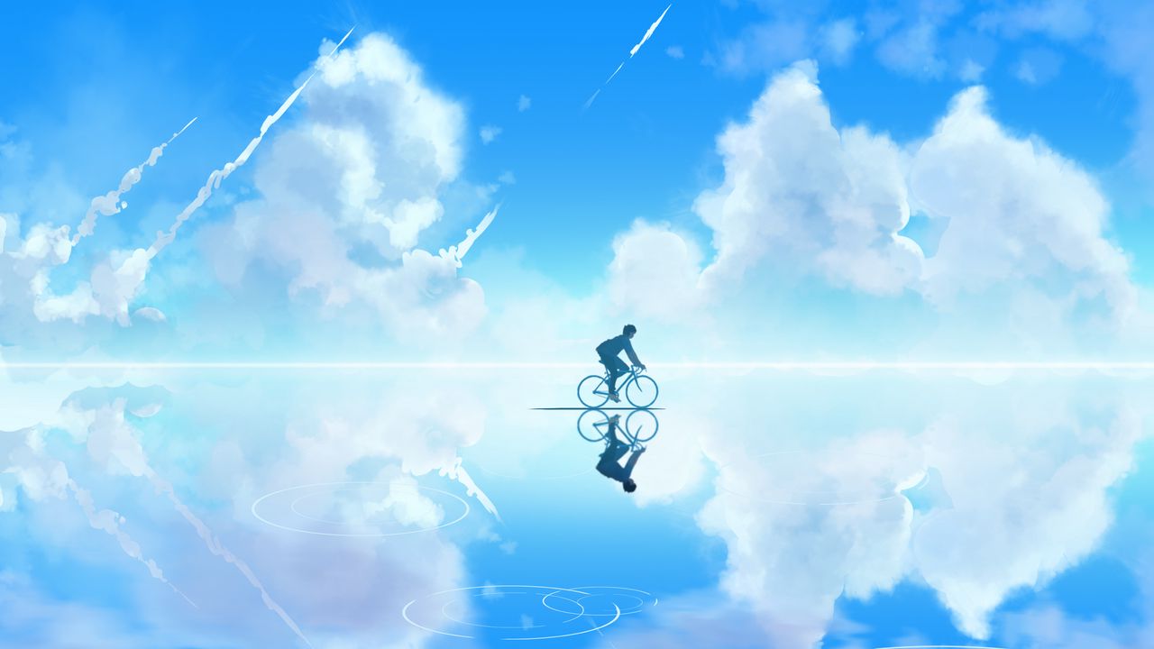 Обои велосипедист, арт, небо, облака