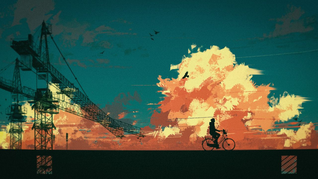 Обои велосипедист, силуэт, велосипед, облака, арт