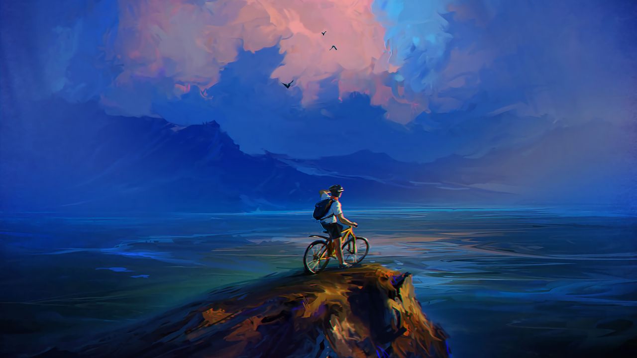 Обои велосипедист, скала, обрыв, арт, облака, море