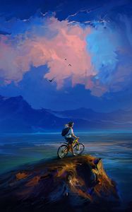 Превью обои велосипедист, скала, обрыв, арт, облака, море
