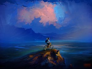Превью обои велосипедист, скала, обрыв, арт, облака, море